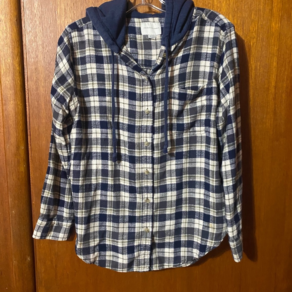 American Eagle Outfitters Navy & White Plaid Hooded Button-Down Shirt